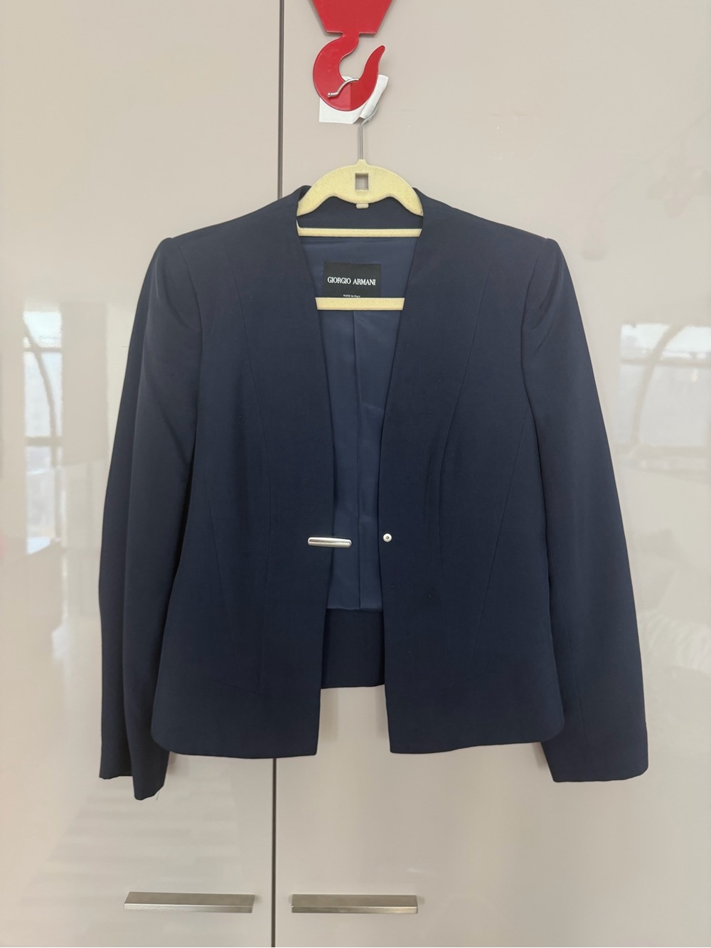 ❤️Giorgio Armani Logo Front Dark Navy Collarless Blazer with Silver Clasp